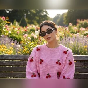 Crochet Cherry Sweater - Pink Knit Pompom Fruits